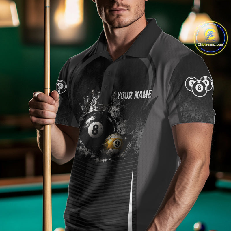 Personalized Grunge Crown 8 Ball & 9 Ball Billiard Pool Shirt For Men Custom Billiard Team Jersey NYN3216