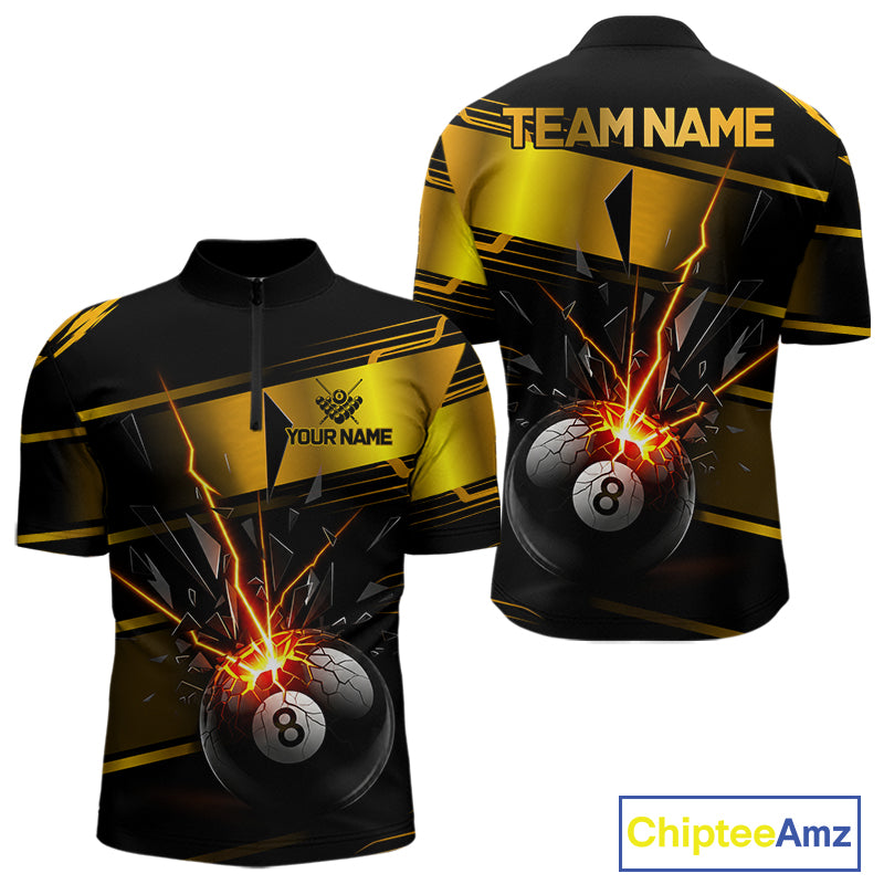 Thunder Cracked 8 Ball Billiard Shirt For Men Custom Black And Gold Billiard Pool Team Jersey NYN3224