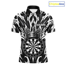 Load image into Gallery viewer, Black and White Tribal Crown Dartboard men's dart polo shirt personalized dart team uniform, dart league jersey, custom name dart shirt