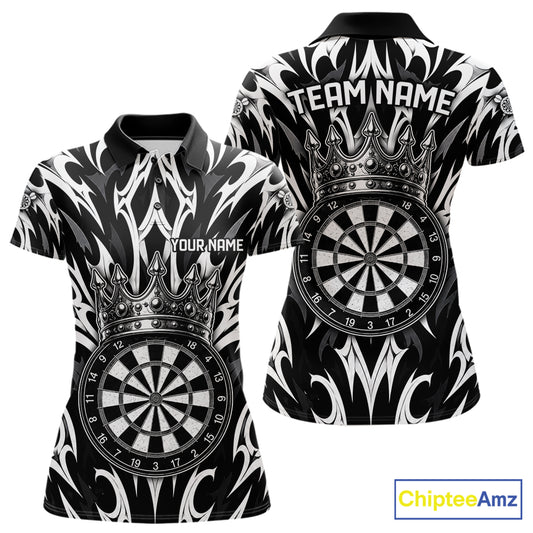 Black and White Tribal Crown Dartboard women's dart polo shirt personalized dart team uniform, dart league jersey, custom name dart shirt