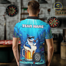 Load image into Gallery viewer, Male dart player wearing Shark Beer custom dart shirt during tournament competition and dart league play