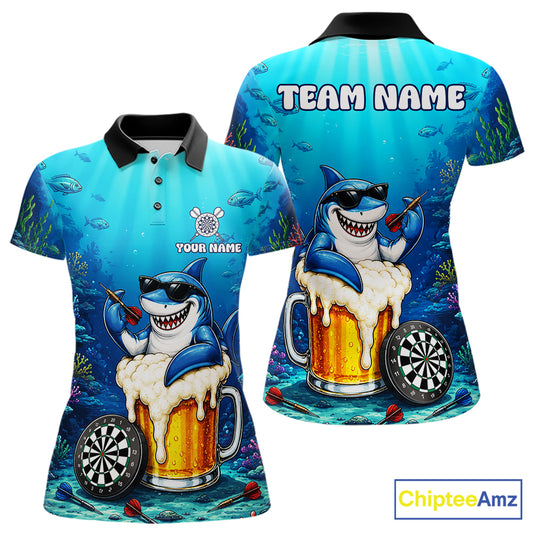 Funny Ocean Shark Beer women's dart polo shirt custom dart league uniform, competitive dart jersey, ladies dart apparel