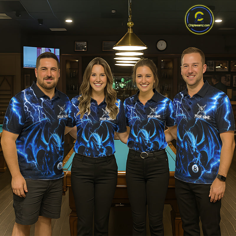 Professional pool team wearing matching Blue Dragon jerseys with personalized names, thunder lightning graphics, fantasy dragon artwork, league uniforms, esports-inspired teamwear, teamwork, victory, strength, prosperity, championship branding, corporate sports events.