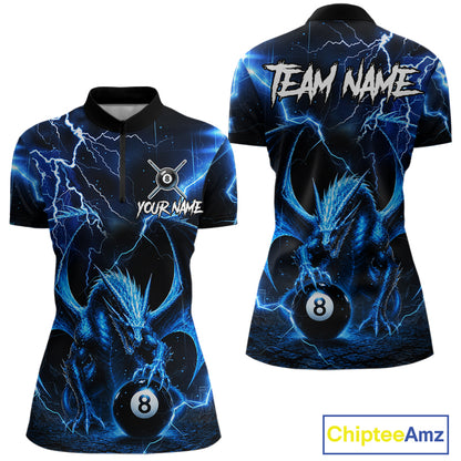 Blue Dragon Quarter-Zip Pool Jersey featuring thunder lightning, blue dragon graphics, personalized billiard team logo, moisture-wicking performance fabric, custom cue sports apparel, league tournament jersey, premium athletic wear.