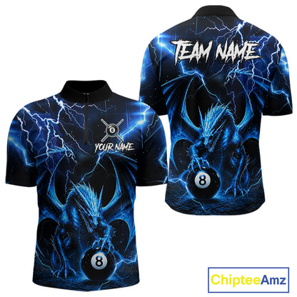 Blue Dragon Quarter-Zip Billiard Shirt featuring powerful dragon artwork, lightning effects, personalized player name, breathable cue sports jersey, championship tournament apparel, custom billiards uniform.