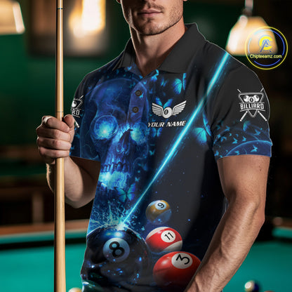Blue Skull Thunder Pool 8 Ball Men's Billiard Polo & 1/4-Zip Shirt Custom Billiards Team Apparel NYN2491
