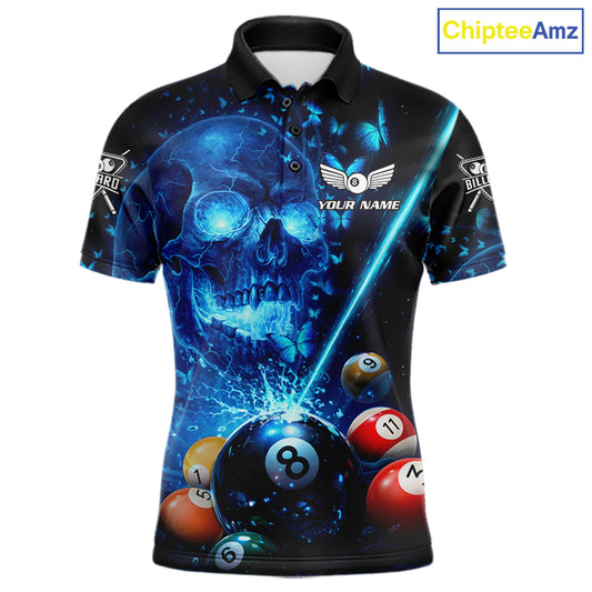 Blue Skull Thunder Pool 8 Ball Men's Billiard Polo & 1/4-Zip Shirt Custom Billiards Team Apparel NYN2491
