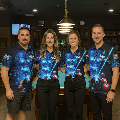 Blue Skull Thunder Pool 8 Ball Men's Billiard Polo & 1/4-Zip Shirt Custom Billiards Team Apparel NYN2491