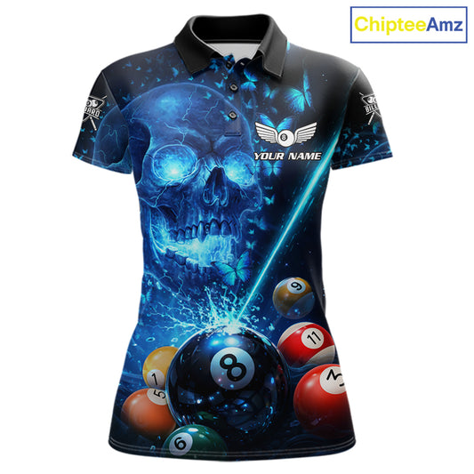 Blue Skull Thunder Pool 8 Ball Women's Billiard Polo & 1/4-Zip Shirt Custom Billiards Team Apparel NYN2491