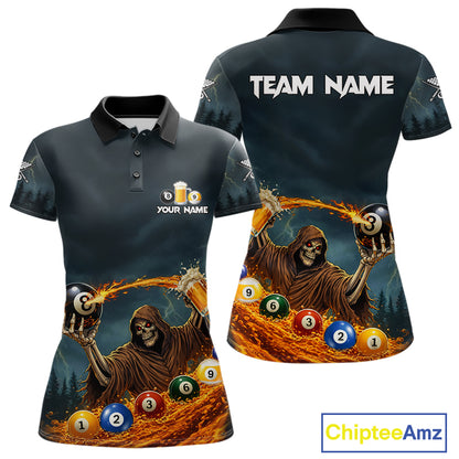 Funny Grim Reaper Play Beer & Pool 8 Ball Women's Billiard Team Shirt Custom Billiard Attire NYN2492