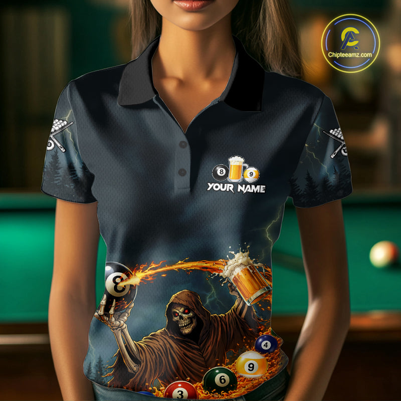 Funny Grim Reaper Play Beer & Pool 8 Ball Women's Billiard Team Shirt Custom Billiard Attire NYN2492