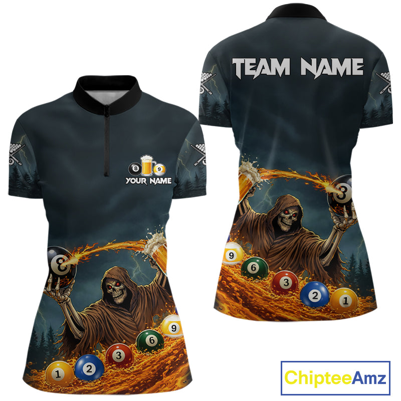 Funny Grim Reaper Play Beer & Pool 8 Ball Women's Billiard Team Shirt Custom Billiard Attire NYN2492
