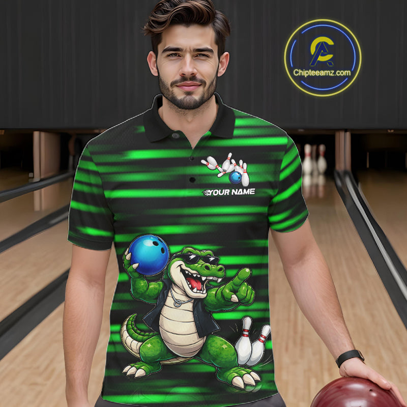 Funny Crocodile Bowling Jersey For Men Personalized Green Strike Lightning Team Bowling Attire NYN3228