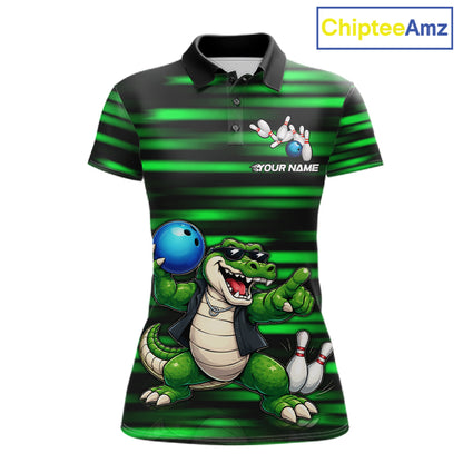 Funny Crocodile Bowling Jersey For Women Personalized Green Strike Lightning Team Bowling Attire NYN3228