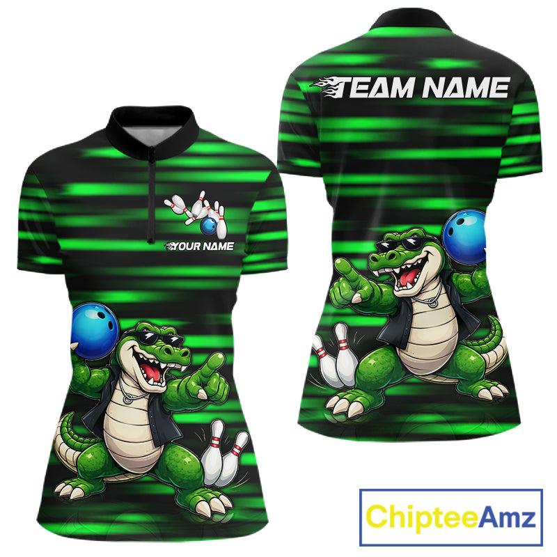 Funny Crocodile Bowling Jersey For Women Personalized Green Strike Lightning Team Bowling Attire NYN3228