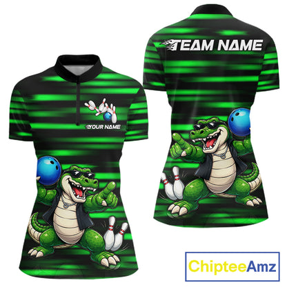 Funny Crocodile Bowling Jersey For Women Personalized Green Strike Lightning Team Bowling Attire NYN3228