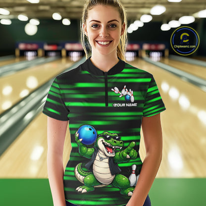 Funny Crocodile Bowling Jersey For Women Personalized Green Strike Lightning Team Bowling Attire NYN3228