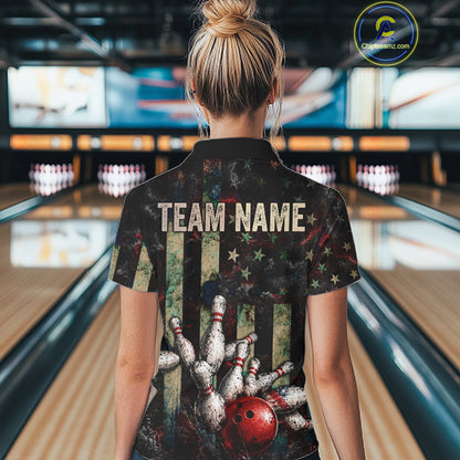 Personalized American Flag Grunge Bowling Shirt For Women Custom Splatter Outfit Bowling Jersey NYN3231