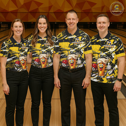 Yellow, White And Black Splatter Funny Beer Bowling Shirt For Women Custom Outfit Bowling Jersey NYN3235