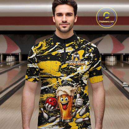 Yellow, White And Black Splatter Funny Beer Bowling Shirt For Men Custom Outfit Bowling Jersey NYN3235
