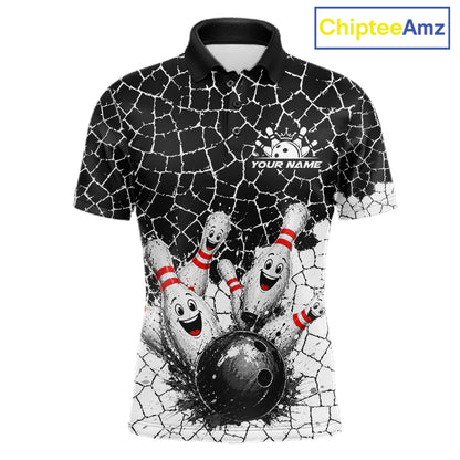White And Black Cracked Funny Pins & Ball Bowling Shirt For Men Custom Outfit Team Bowling Jersey NYN3238