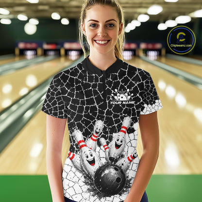 White And Black Cracked Funny Pins & Ball Bowling Shirt For Women Custom Outfit Team Bowling Jersey NYN3238