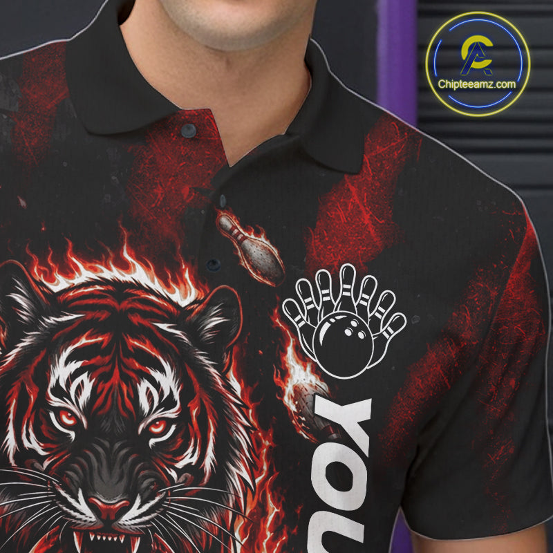 Male bowler wearing Fire Flame Tiger Red Claws bowling jersey during league and tournament competition