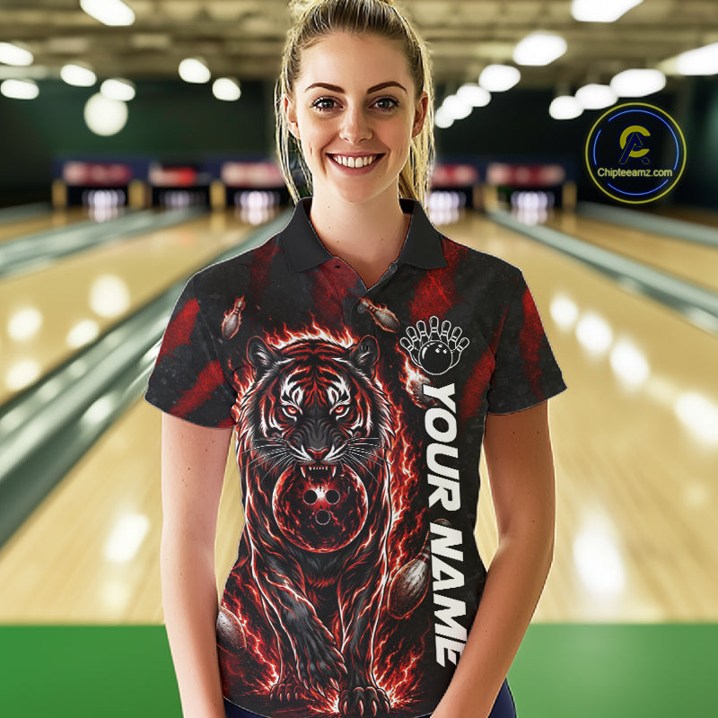 Female bowler wearing Fire Flame Tiger Red Claws bowling jersey during league and tournament competition