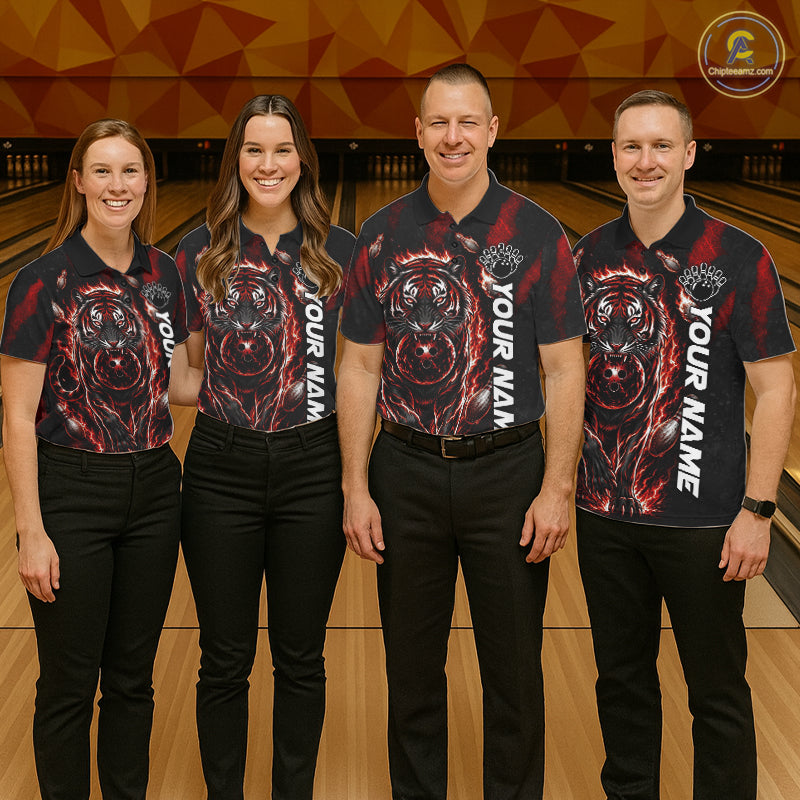 Men women bowling team wearing Fire Flame Tiger Red Claws custom bowling uniforms, professional bowling jerseys