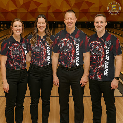 Men women bowling team wearing Fire Flame Tiger Red Claws custom bowling uniforms, professional bowling jerseys