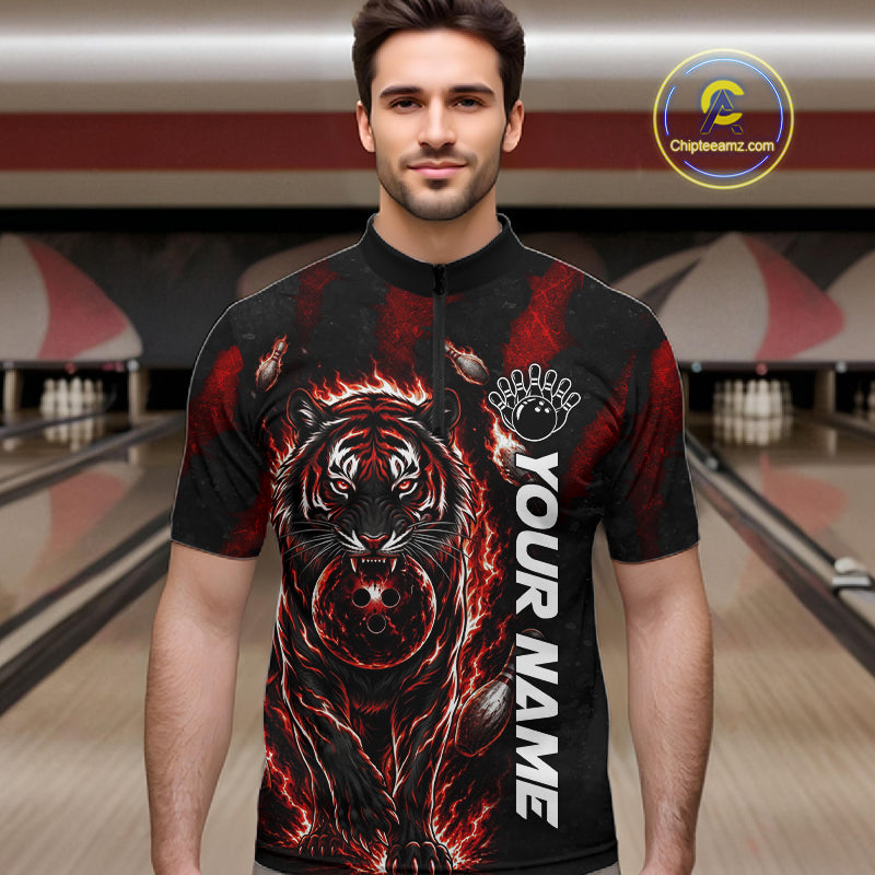 Male bowler wearing Fire Flame Tiger Red Claws bowling jersey during league and tournament competition