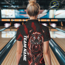 Load image into Gallery viewer, Female bowler wearing Fire Flame Tiger Red Claws bowling jersey during league and tournament competition