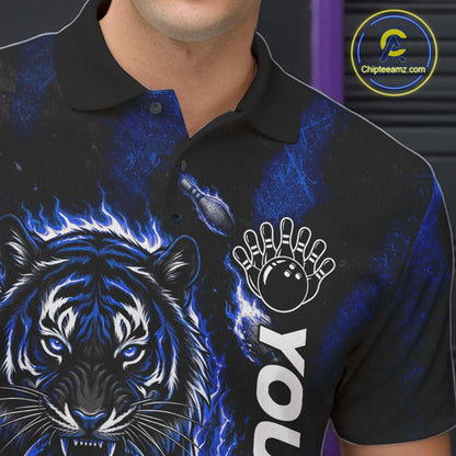 Fire Flame Tiger Blue Claws men's quarter zip bowling shirt custom team bowling uniform