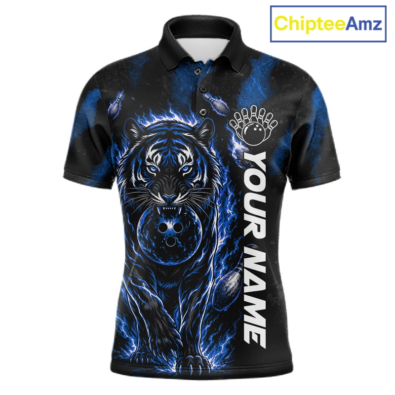Fire Flame Tiger Blue Claws men's bowling polo shirt custom bowling team jersey, personalized bowling apparel