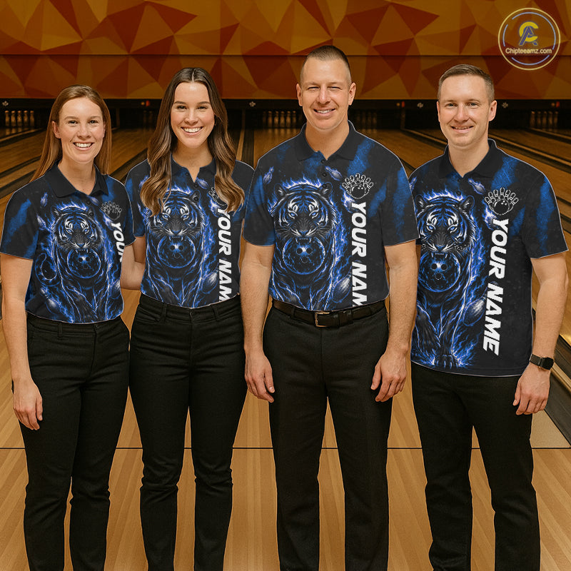 Men women bowling team wearing Fire Flame Tiger Blue Claws bowling uniforms and custom team jerseys