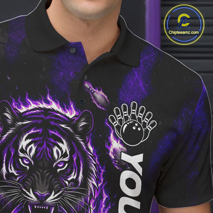 Male bowler wearing Fire Flame Tiger Purple Claws bowling shirt during tournament bowling competition