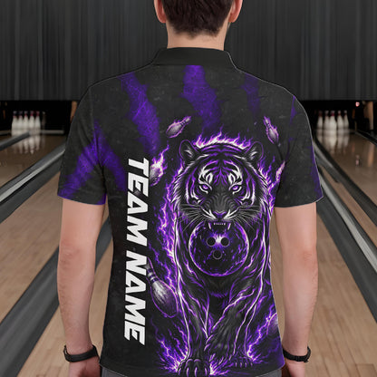 Male bowler wearing Fire Flame Tiger Purple Claws bowling shirt during tournament bowling competition