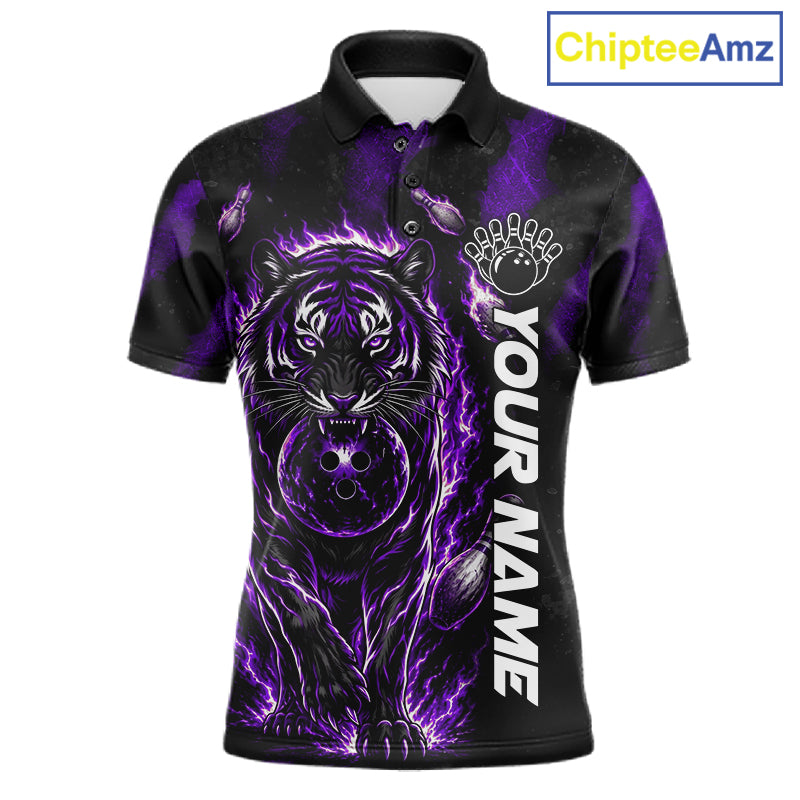 Fire Flame Tiger Purple Claws men's bowling polo shirt custom bowling team uniform, personalized bowling jersey