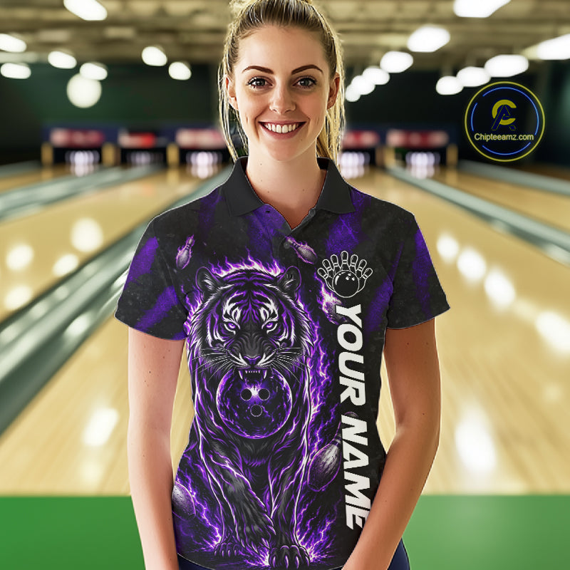 Female bowler wearing Fire Flame Tiger Purple Claws bowling shirt during tournament bowling competition