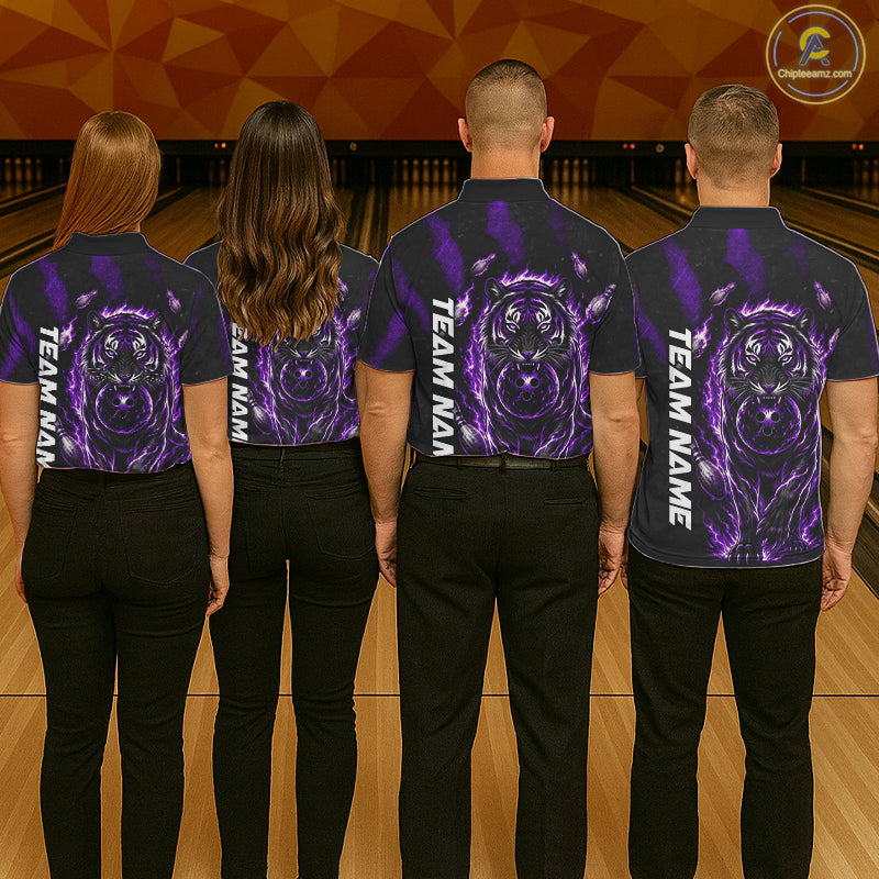 Men women bowling team wearing Fire Flame Tiger Purple Claws custom bowling uniforms for league and championship events