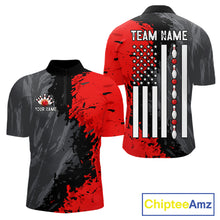 Load image into Gallery viewer, Black Grey Red Grunge US Flag men's quarter zip bowling shirt patriotic bowling league apparel