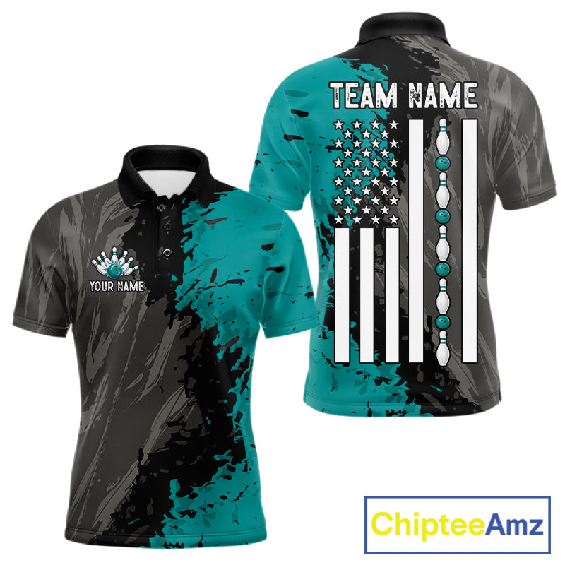 Black Grey Teal Grunge US Flag men's bowling polo shirt patriotic bowling team uniform, custom bowling jersey