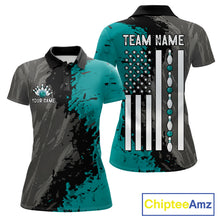 Load image into Gallery viewer, Black Grey Teal Grunge US Flag women's bowling polo shirt patriotic bowling team uniform, personalized bowling jersey
