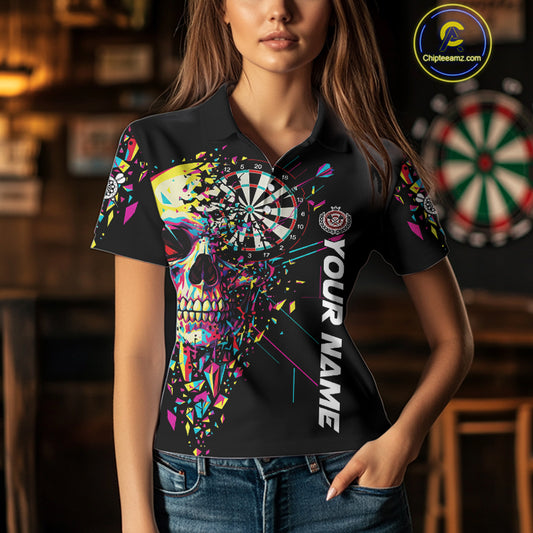 Custom Colorful Shatter Skull & Dartboard Darts Polo Shirt For Women Cracked Dart Jerseys NYN1960
