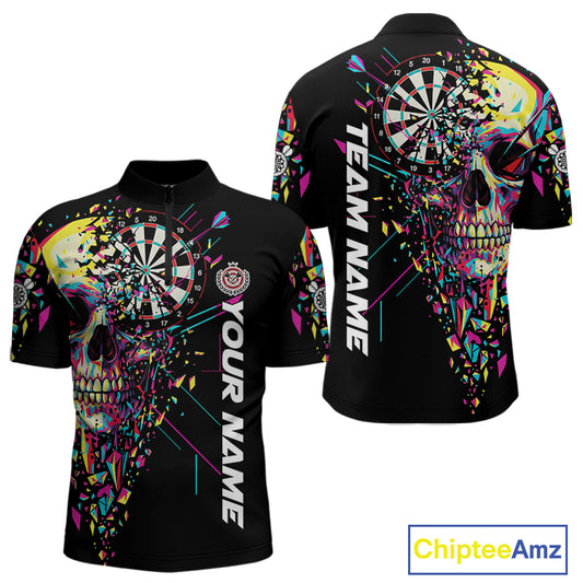 Custom Colorful Shatter Skull & Dartboard Darts Quarter-Zip Shirt For Men Cracked Dart Jerseys NYN1960