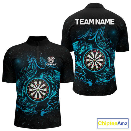 Custom Tiger And Dragon Blue Dartboard Men Darts Quarter-Zip League Shirts Funny Dart Jerseys NYN2216