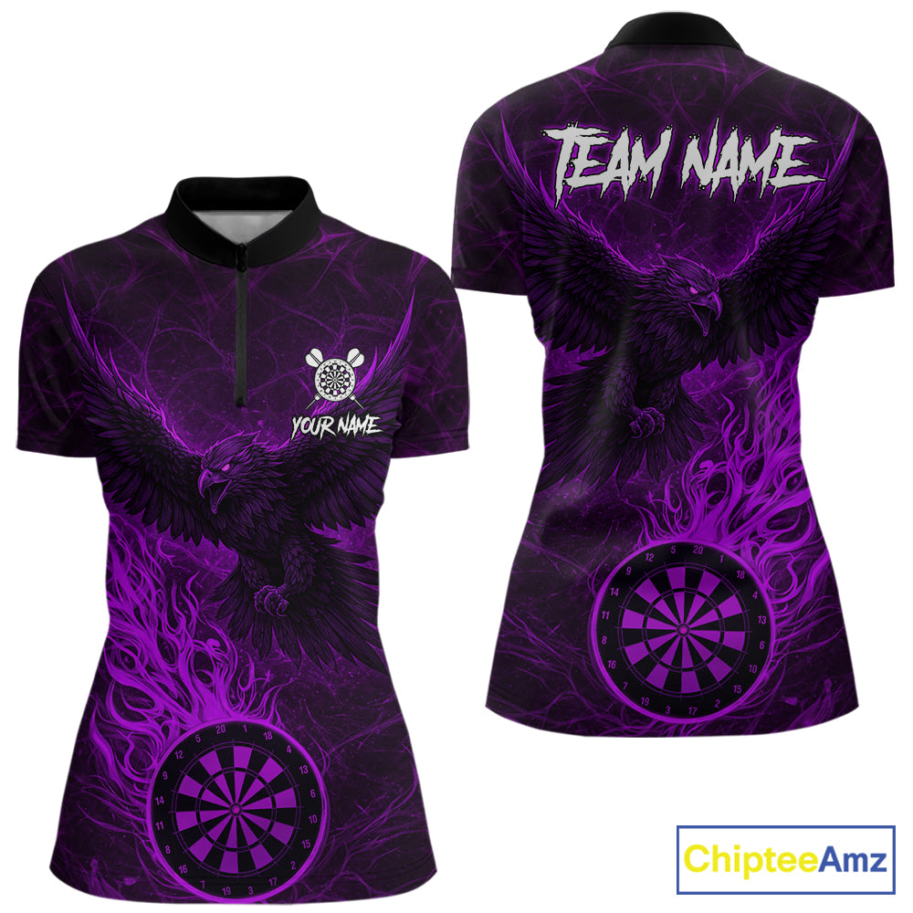 Purple Grunge Eagle Fire Flame Dartboard Women Darts Quarter-Zip Shirts Custom Dart Team Jerseys NYN2506