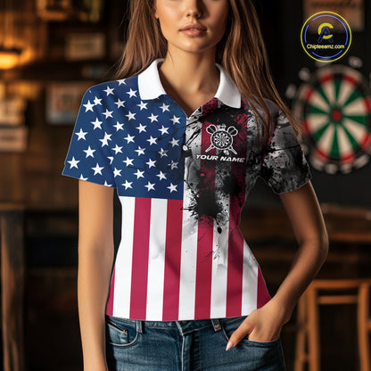 Personalized American Flag Black Splatter Dart Polo Shirts For Women Custom Dart Team Jerseys NYN2711