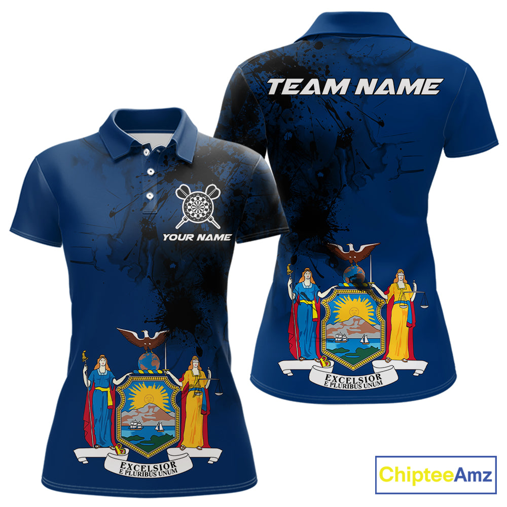 Personalized New York Flag Black Splatter Dart Polo Shirts For Women Custom Dart Team Jerseys NYN2715