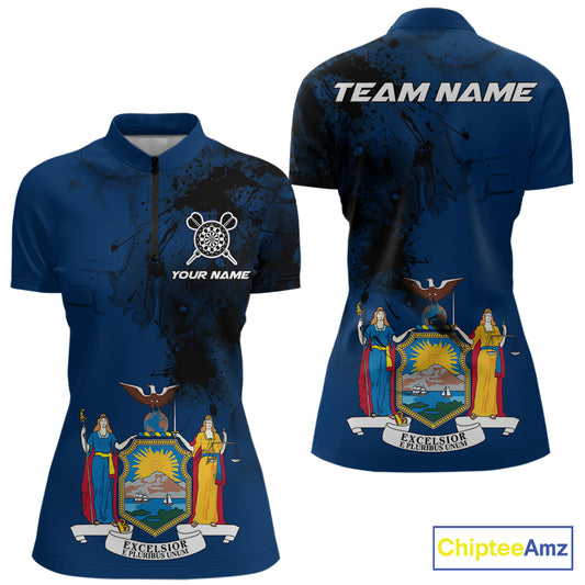 Personalized New York Flag Black Splatter Dart 1/4-Zip Shirts For Women Custom Dart Team Jerseys NYN2715